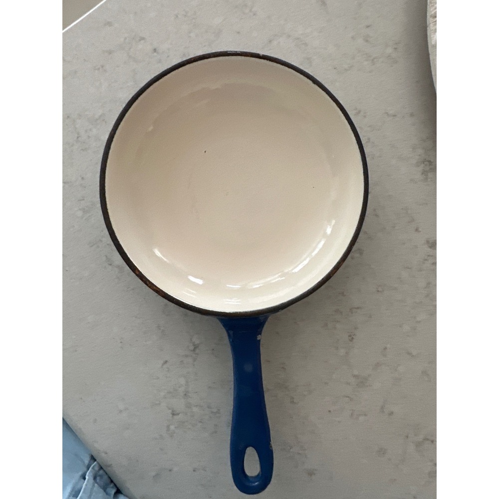 Vintage Enamel Cast Iron Skillet 6.5 Inch Cobalt Blue Cream Frying Pan